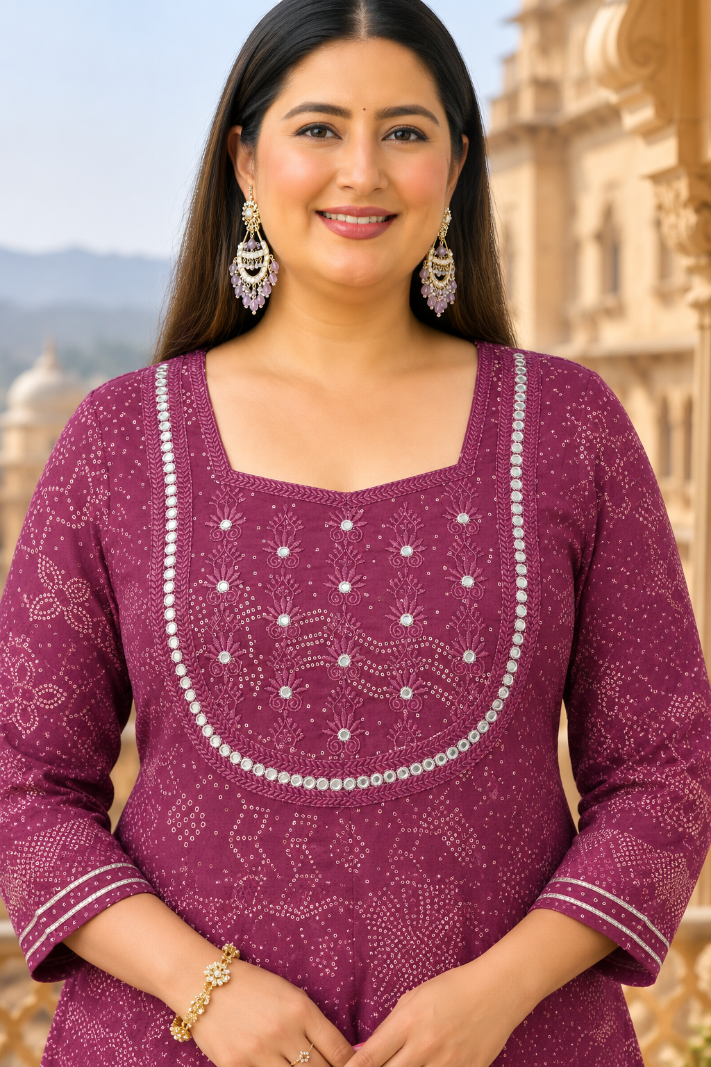Wine Anarkali Kurta & Dupatta Set (Cotton)