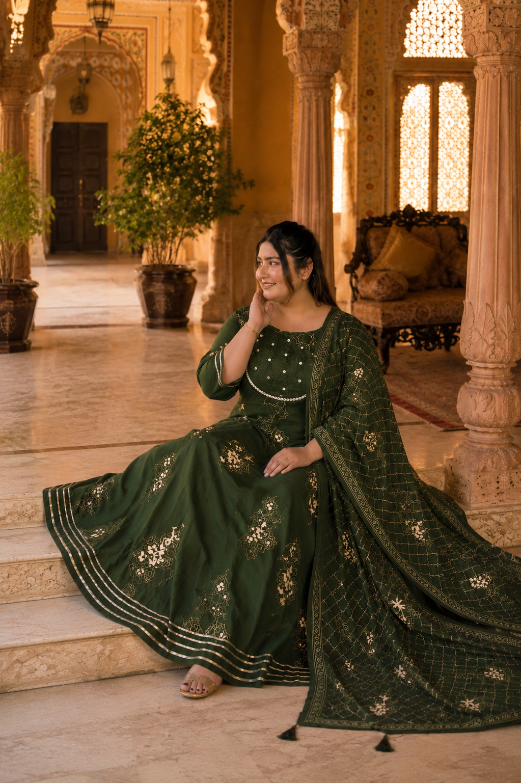 Green Anarkali Kurta & Dupatta Set (Cotton)