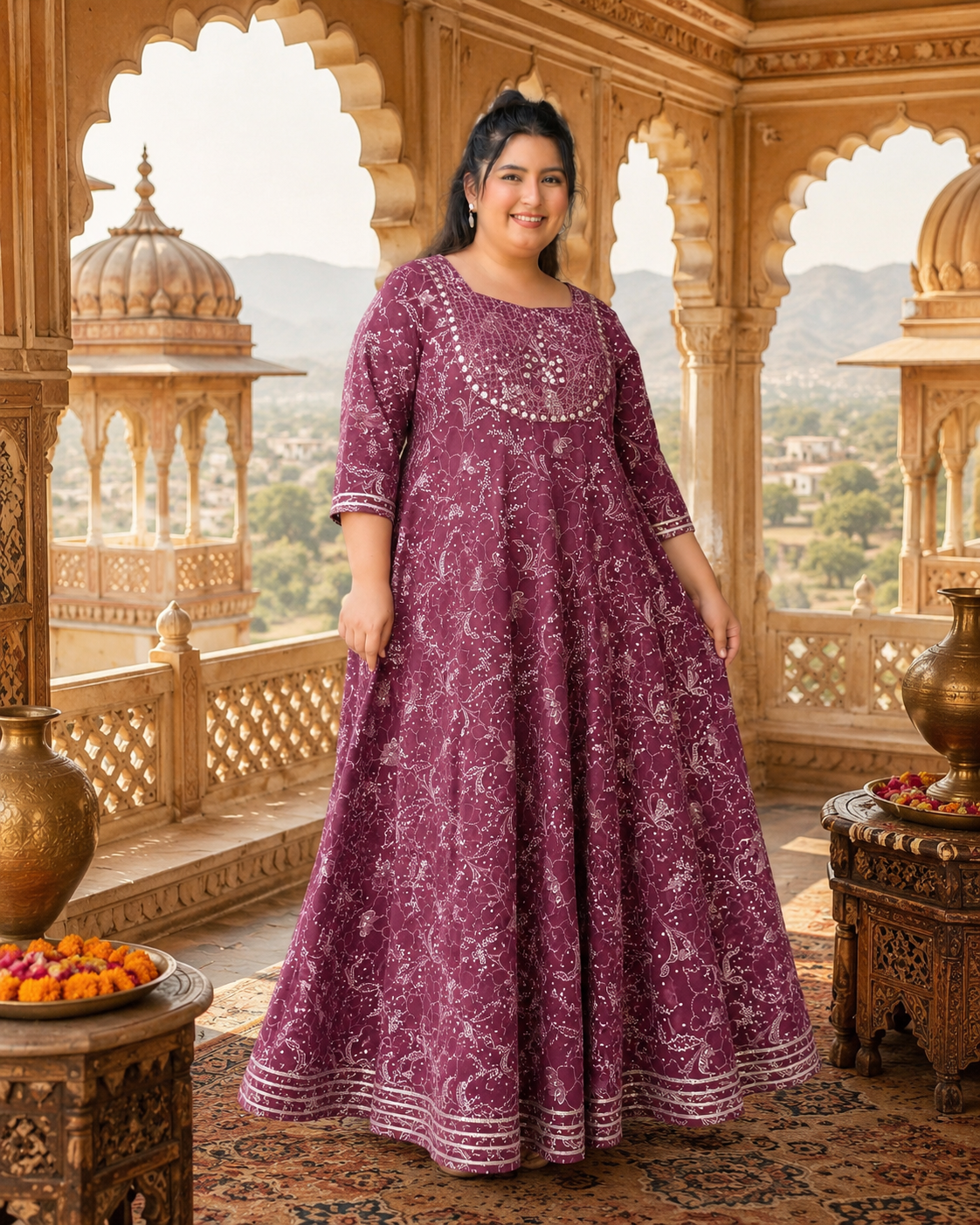 Magenta Purple Anarkali Kurta & Dupatta Set (Cotton)