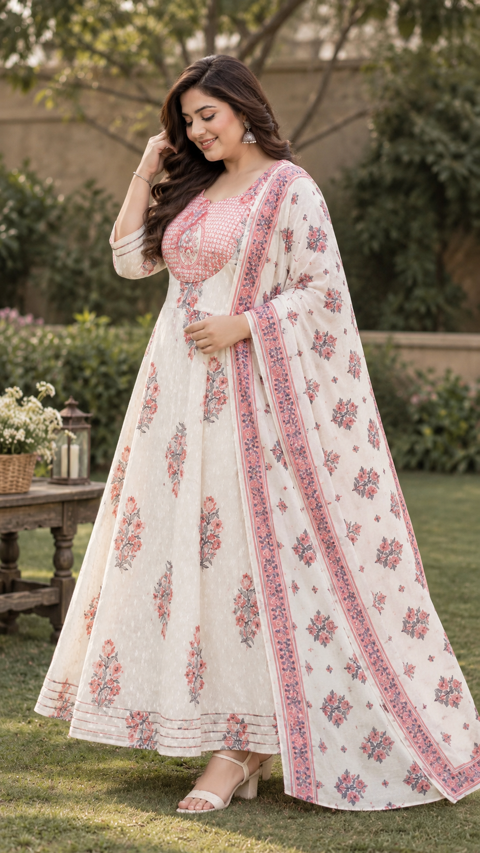 White Anarkali Kurta & Dupatta Set (Cotton)