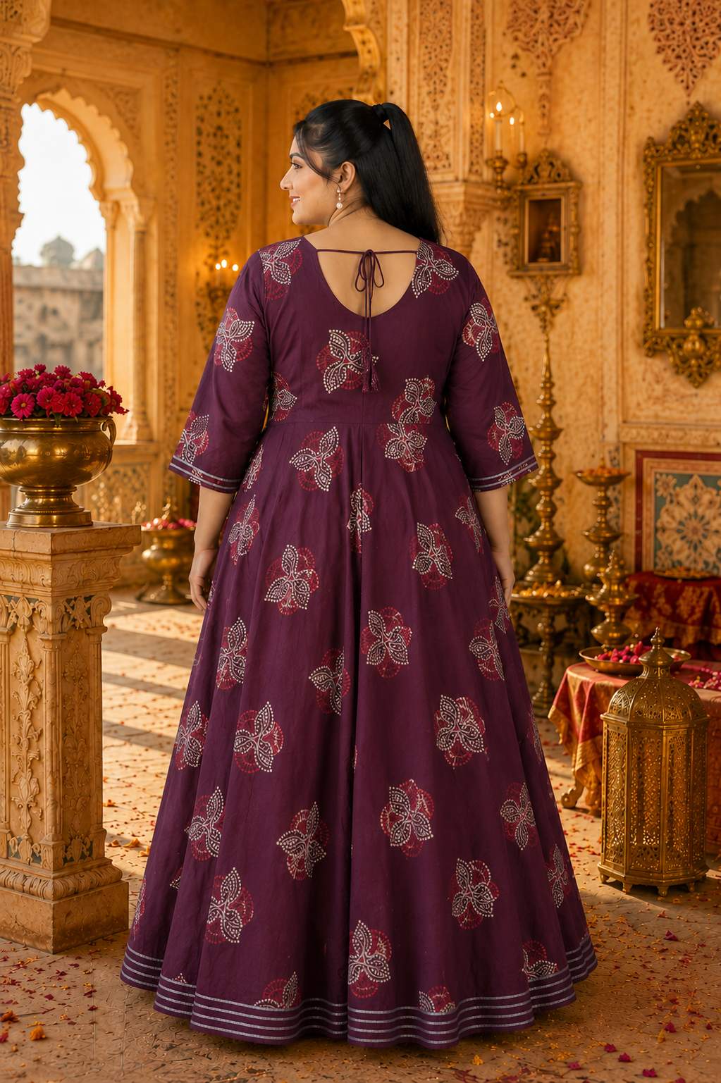 Dark Wine Anarkali Kurta & Dupatta Set (Cotton)