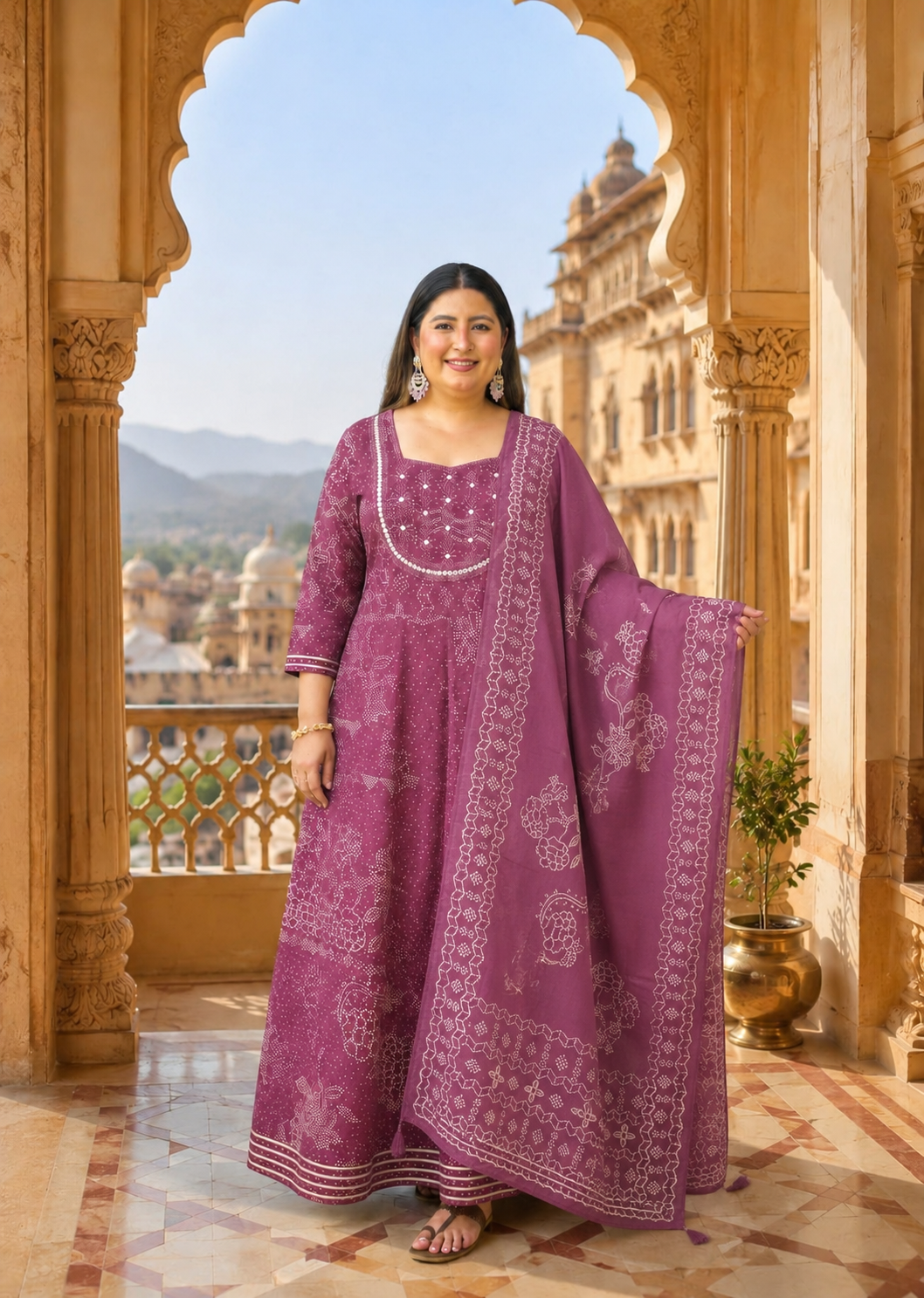 Wine Anarkali Kurta & Dupatta Set (Cotton)