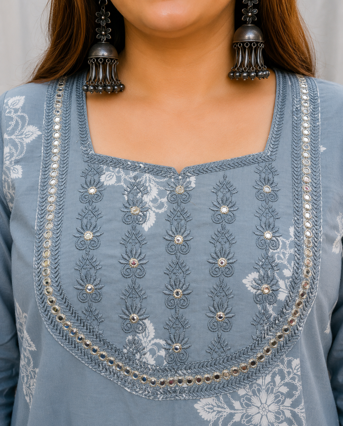 Grey Anarkali Kurta & Dupatta Set (Cotton)