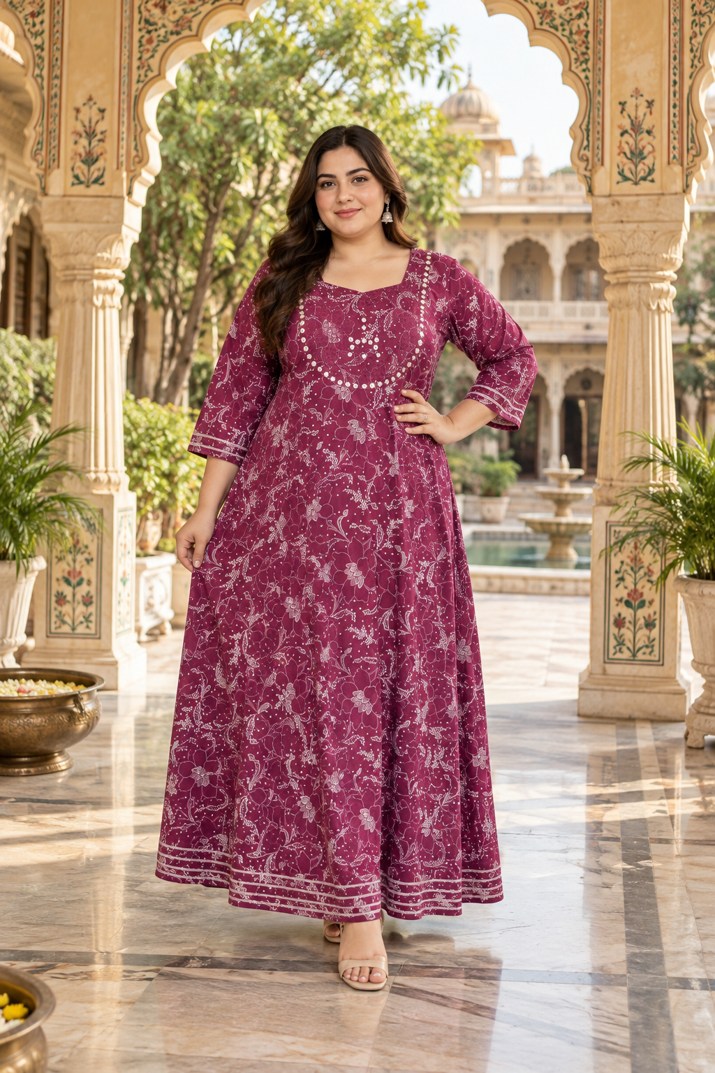 Magenta Purple Anarkali Kurta & Dupatta Set (Cotton)