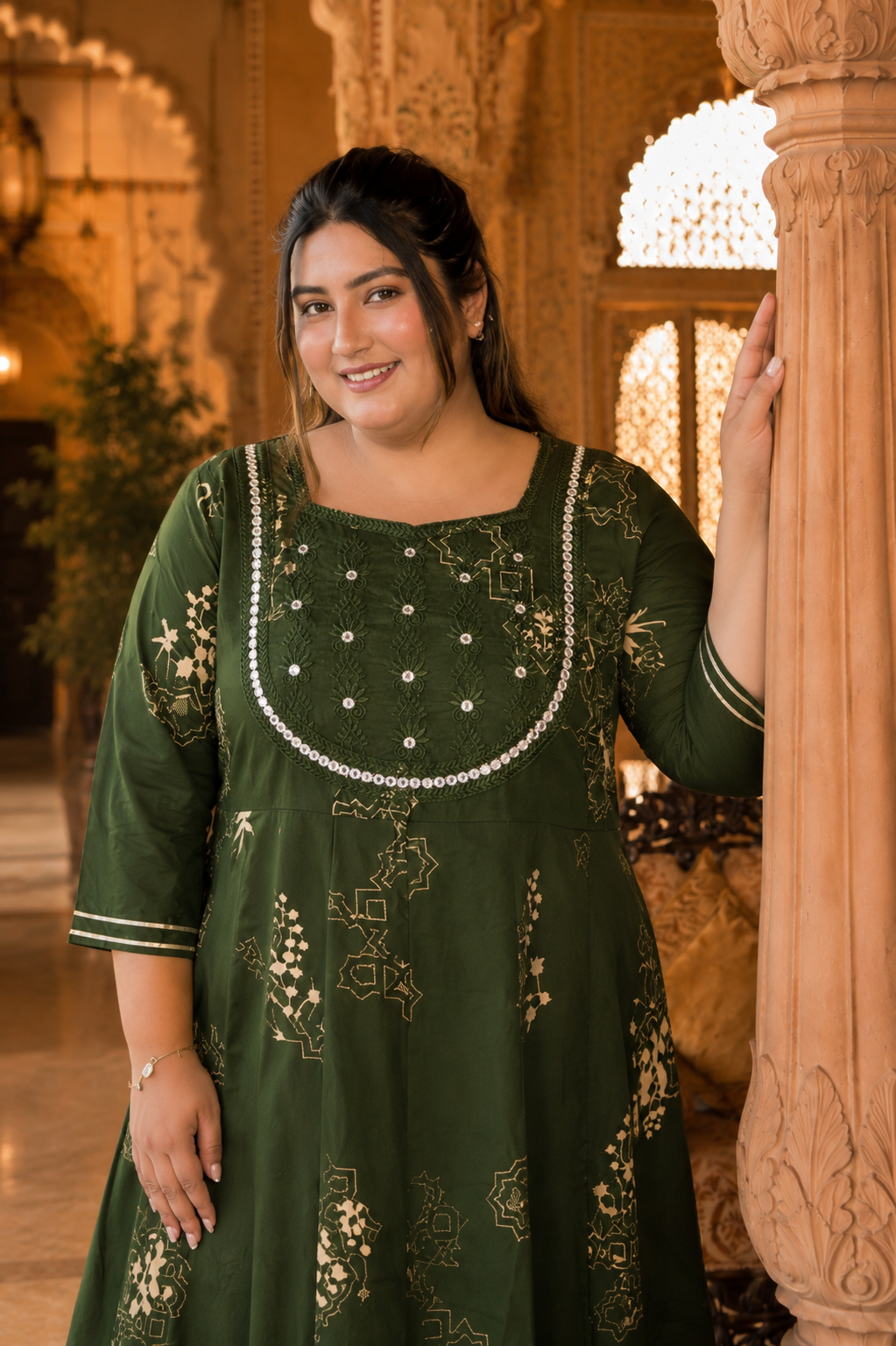 Green Anarkali Kurta & Dupatta Set (Cotton)