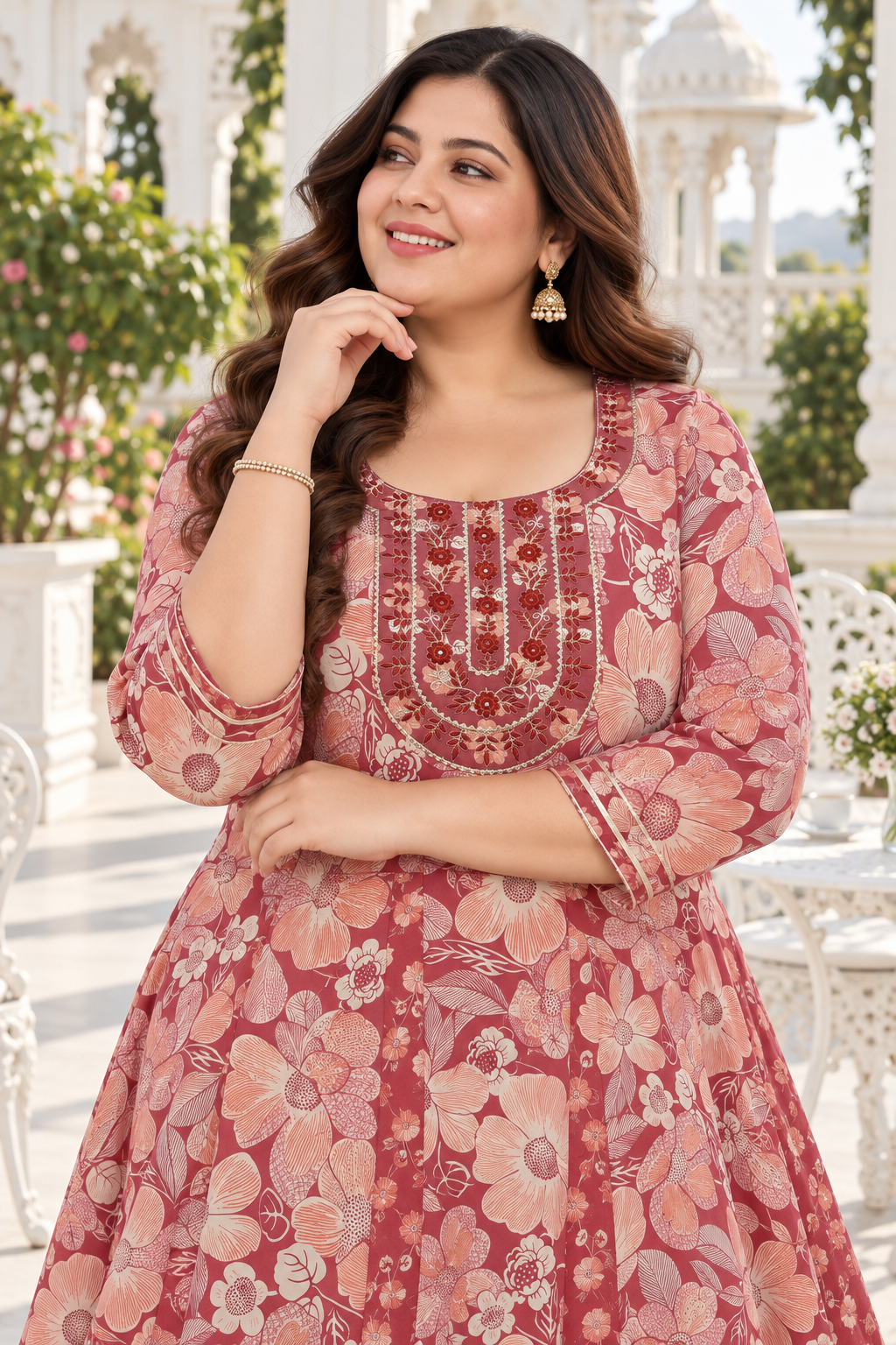 Rust Red Anarkali Kurta & Dupatta Set (Cotton)