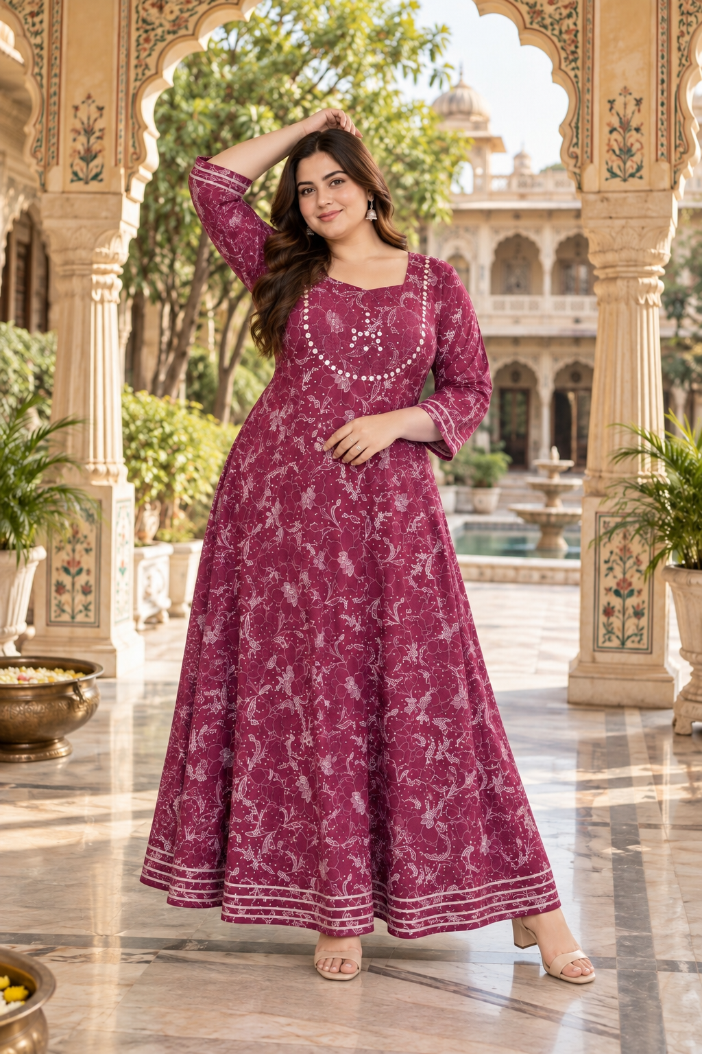 Magenta Purple Anarkali Kurta & Dupatta Set (Cotton)