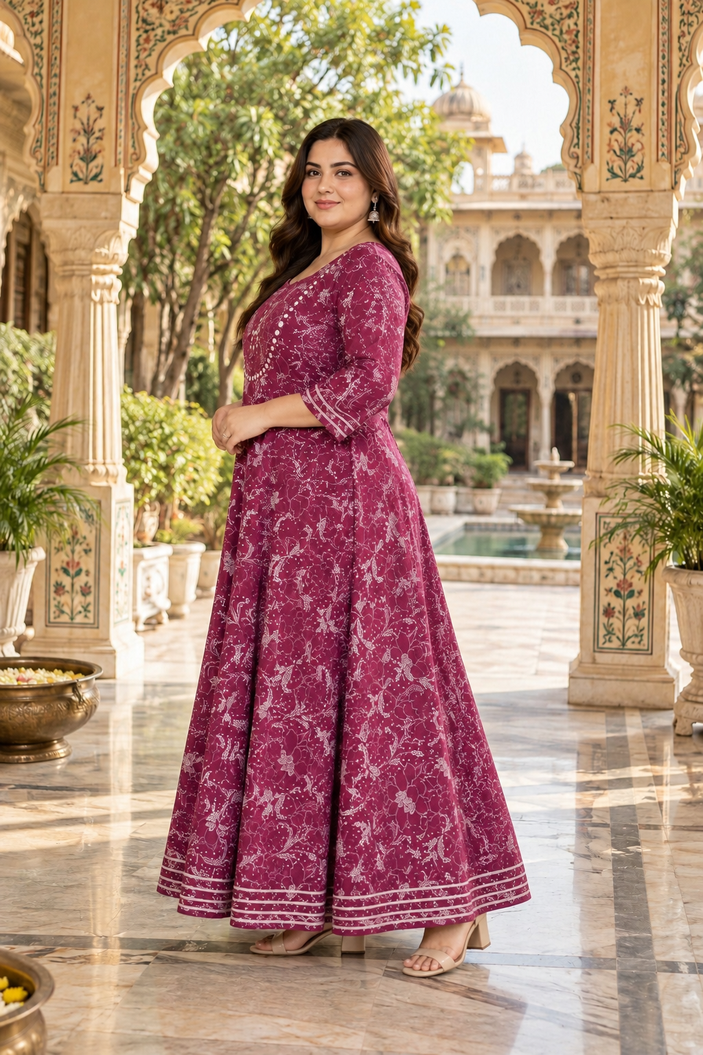 Magenta Purple Anarkali Kurta & Dupatta Set (Cotton)