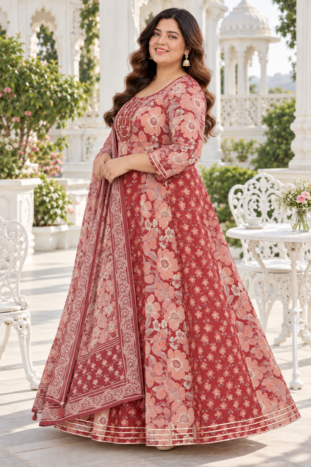 Rust Red Anarkali Kurta & Dupatta Set (Cotton)