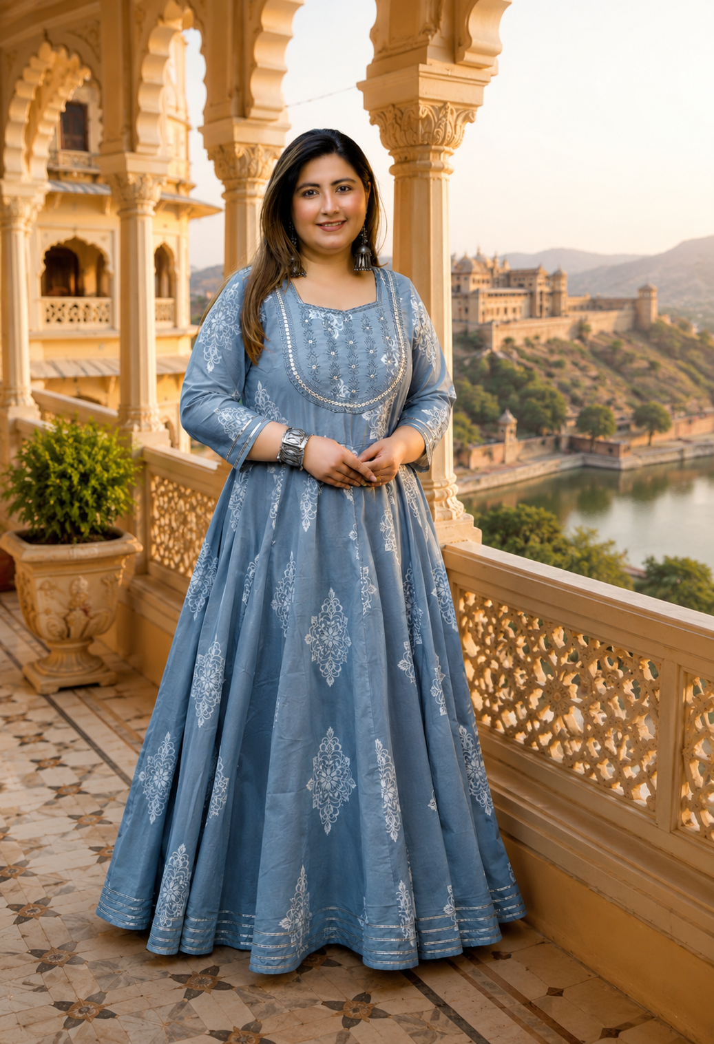 Grey Anarkali Kurta & Dupatta Set (Cotton)
