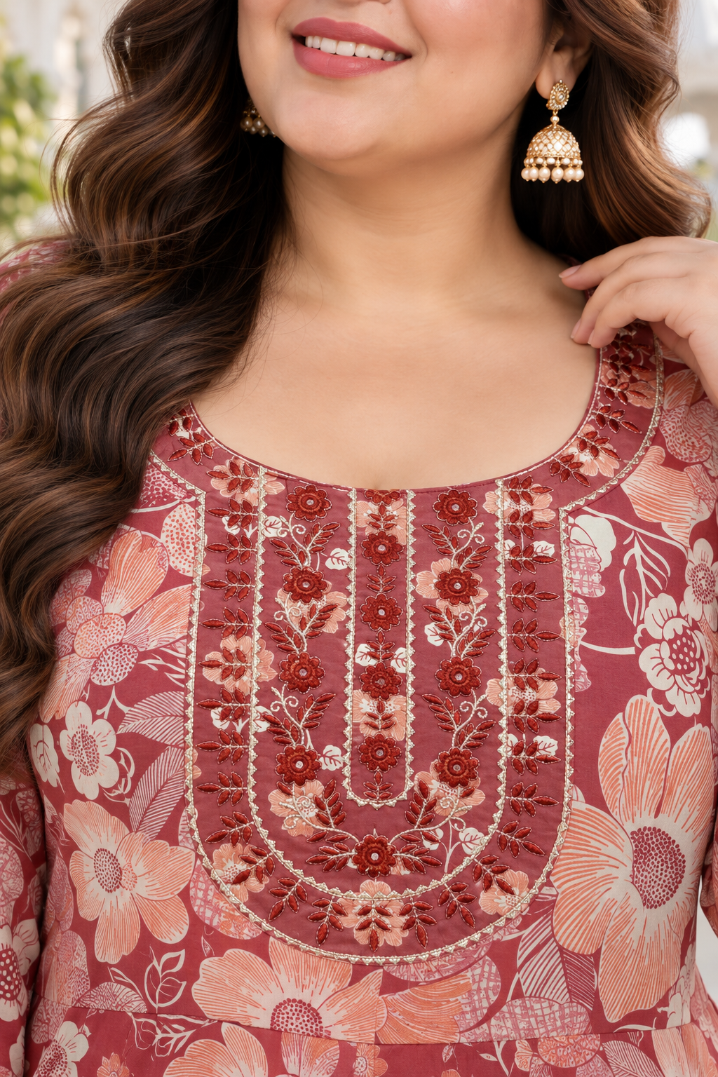 Rust Red Anarkali Kurta & Dupatta Set (Cotton)