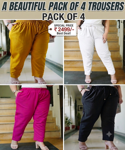 Premium Cotton Relaxed Fit Trousers - PACK OF 4