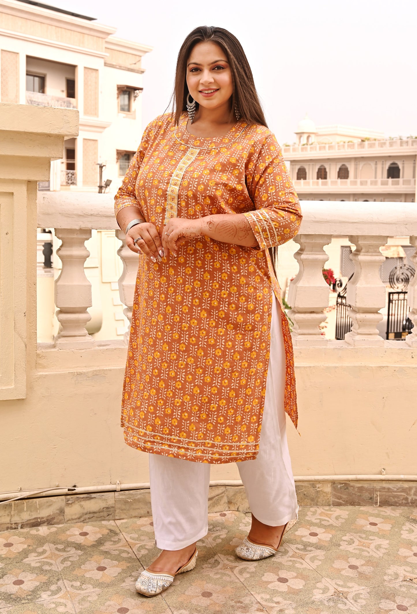 Sepia Yellow Mirror Work Straight Kurti