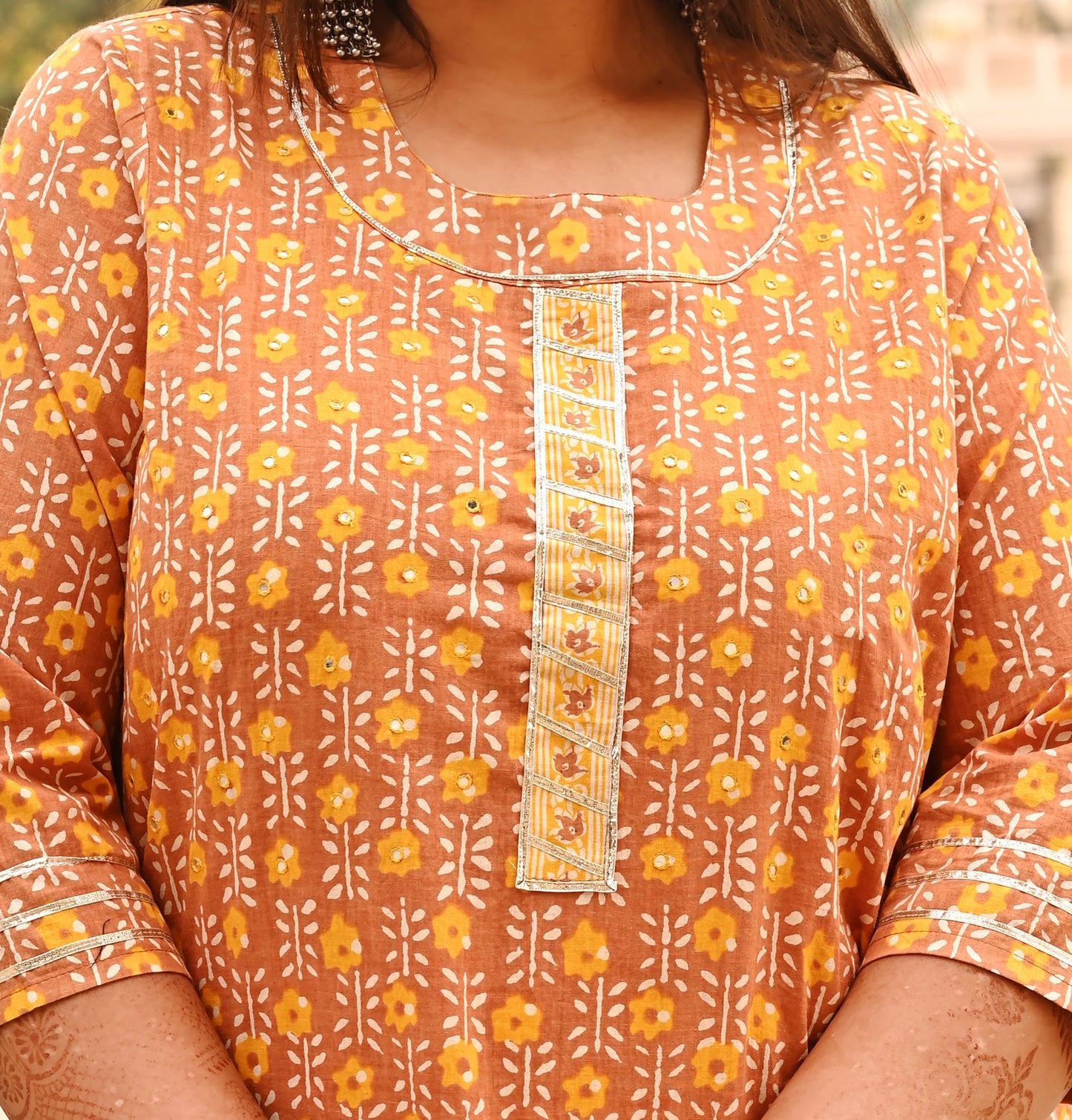 Sepia Yellow Mirror Work Straight Kurti