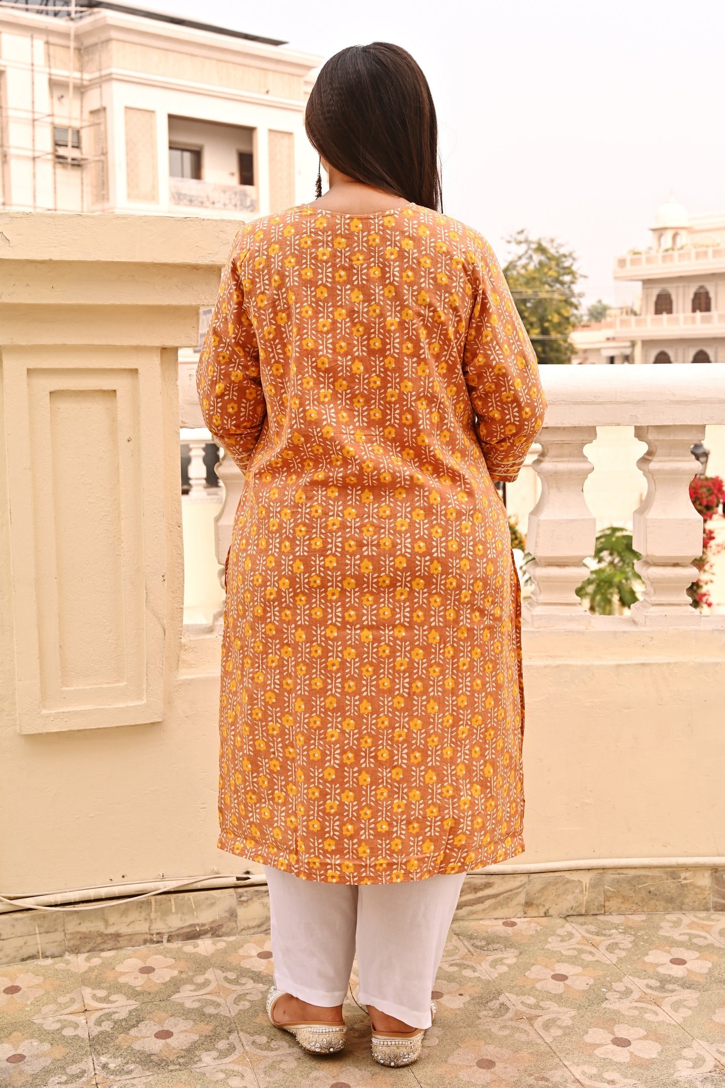 Sepia Yellow Mirror Work Straight Kurti