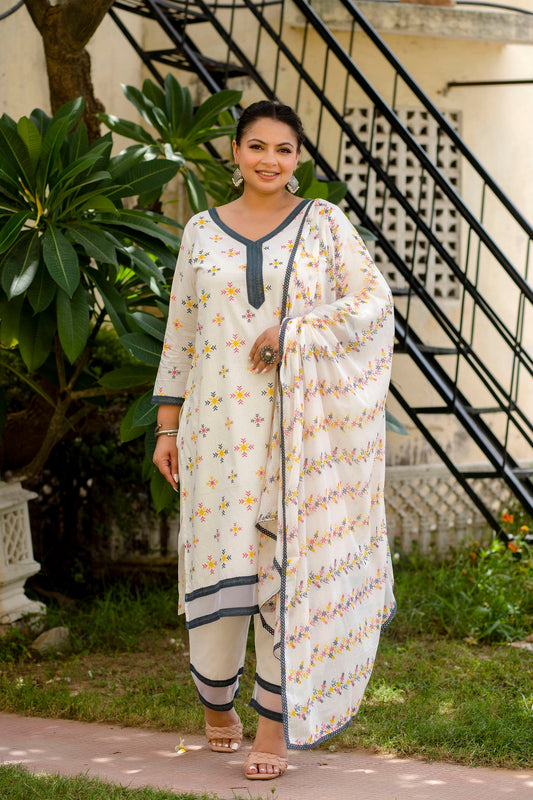 Off-White Printed Kurta pant Dupatta Set (Cotton)