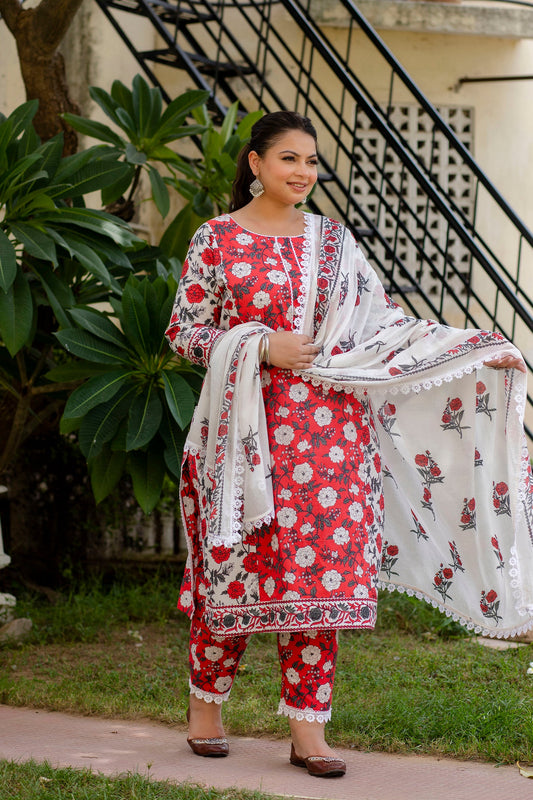 Red Printed Kurta pant Dupatta Set (Cotton)