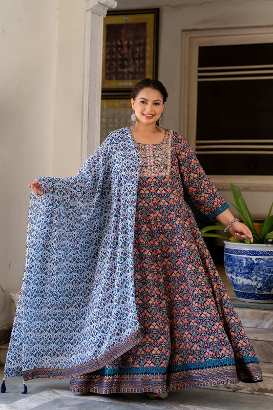 Blue Embroidered Anarkali Kurta & Dupatta Set