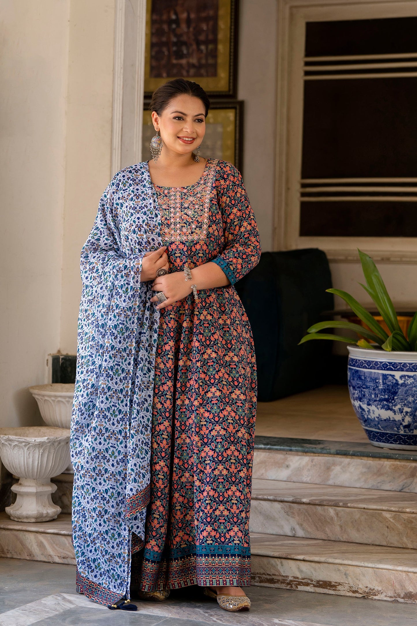 Blue Embroidered Anarkali Kurta & Dupatta Set