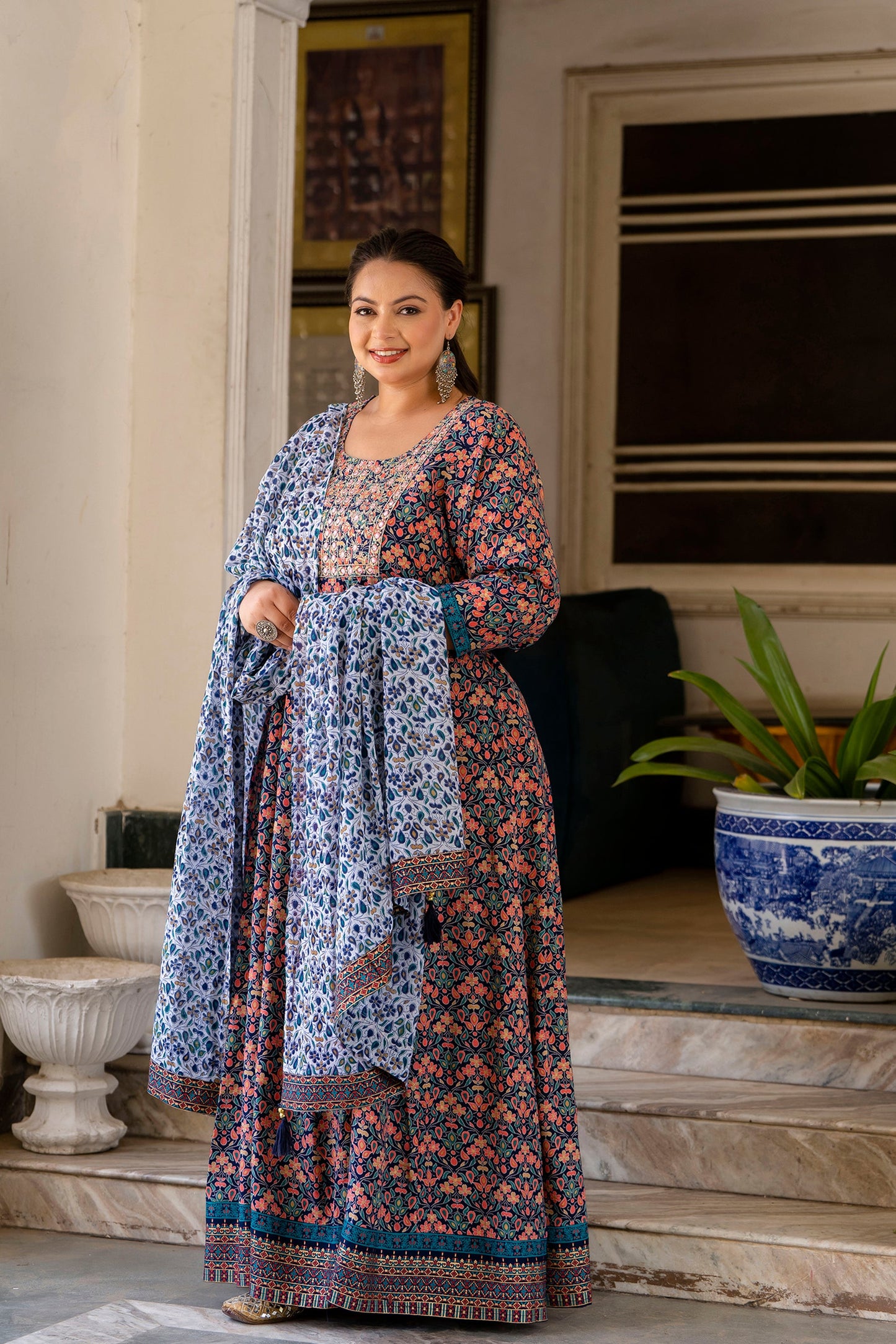 Blue Embroidered Anarkali Kurta & Dupatta Set