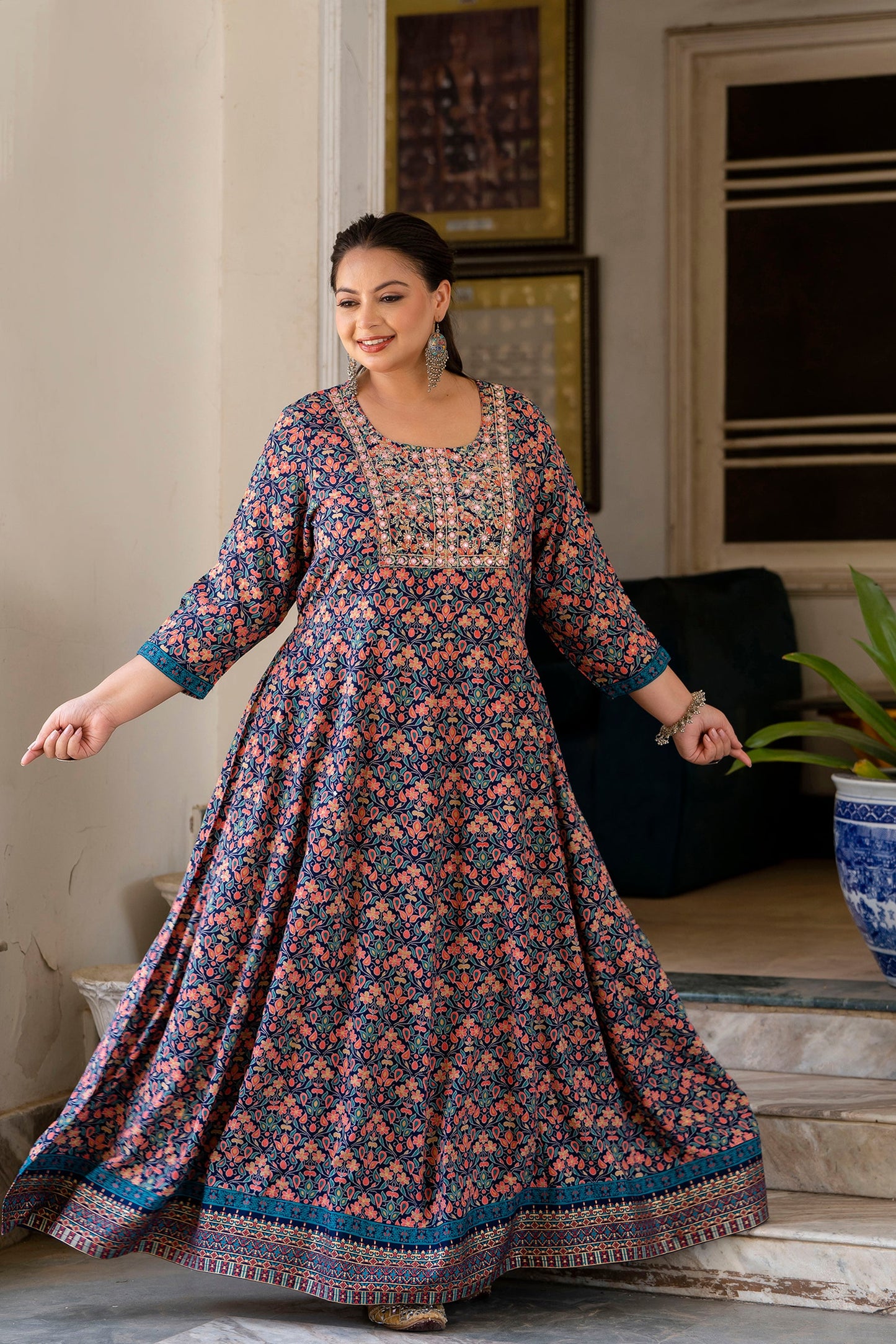 Blue Embroidered Anarkali Kurta & Dupatta Set