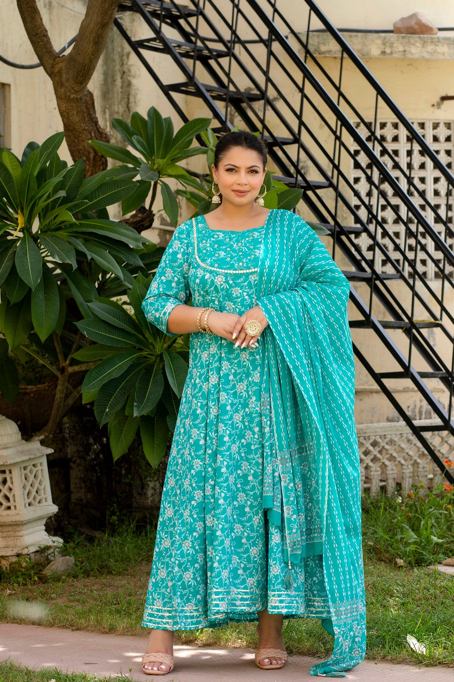 Sea Green Embroidered Anarkali Kurta Dupatta Set