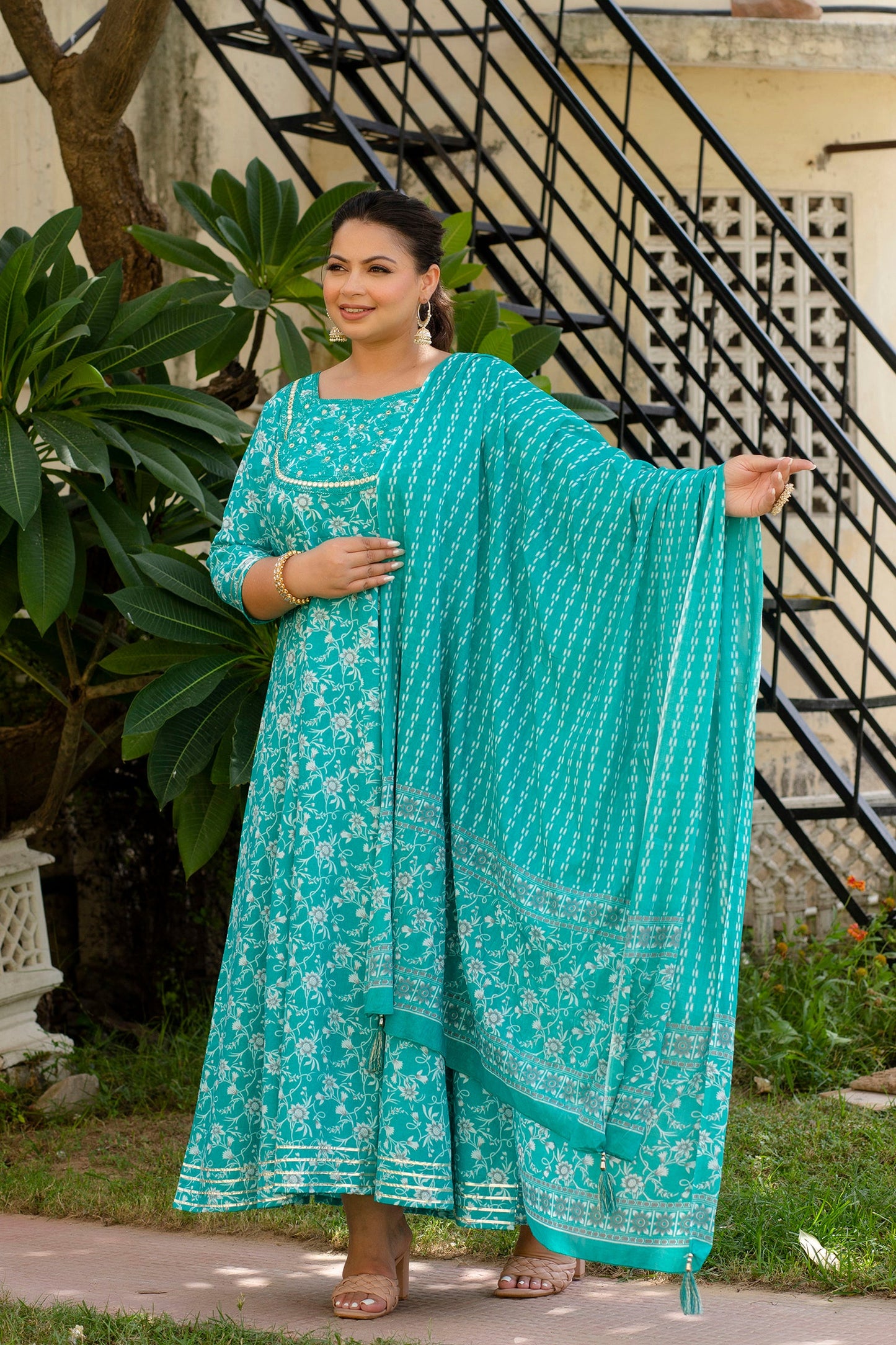 Sea Green Embroidered Anarkali Kurta Dupatta Set