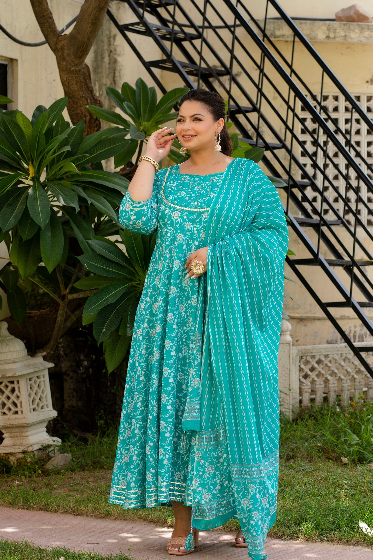 Sea Green Embroidered Anarkali Kurta Dupatta Set