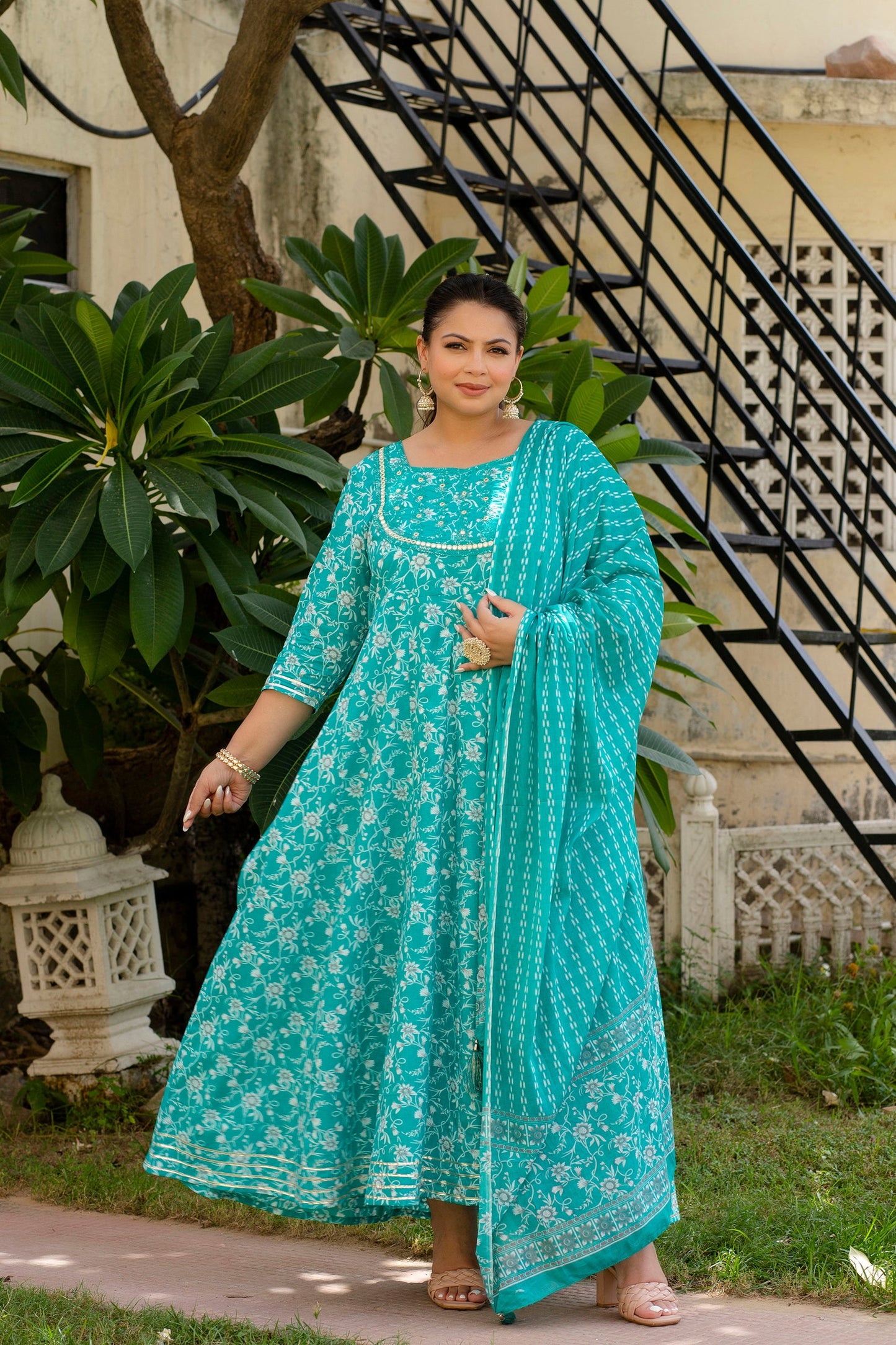 Sea Green Embroidered Anarkali Kurta Dupatta Set