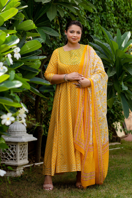 Yellow Embroidered Anarkali Kurta Dupatta Set