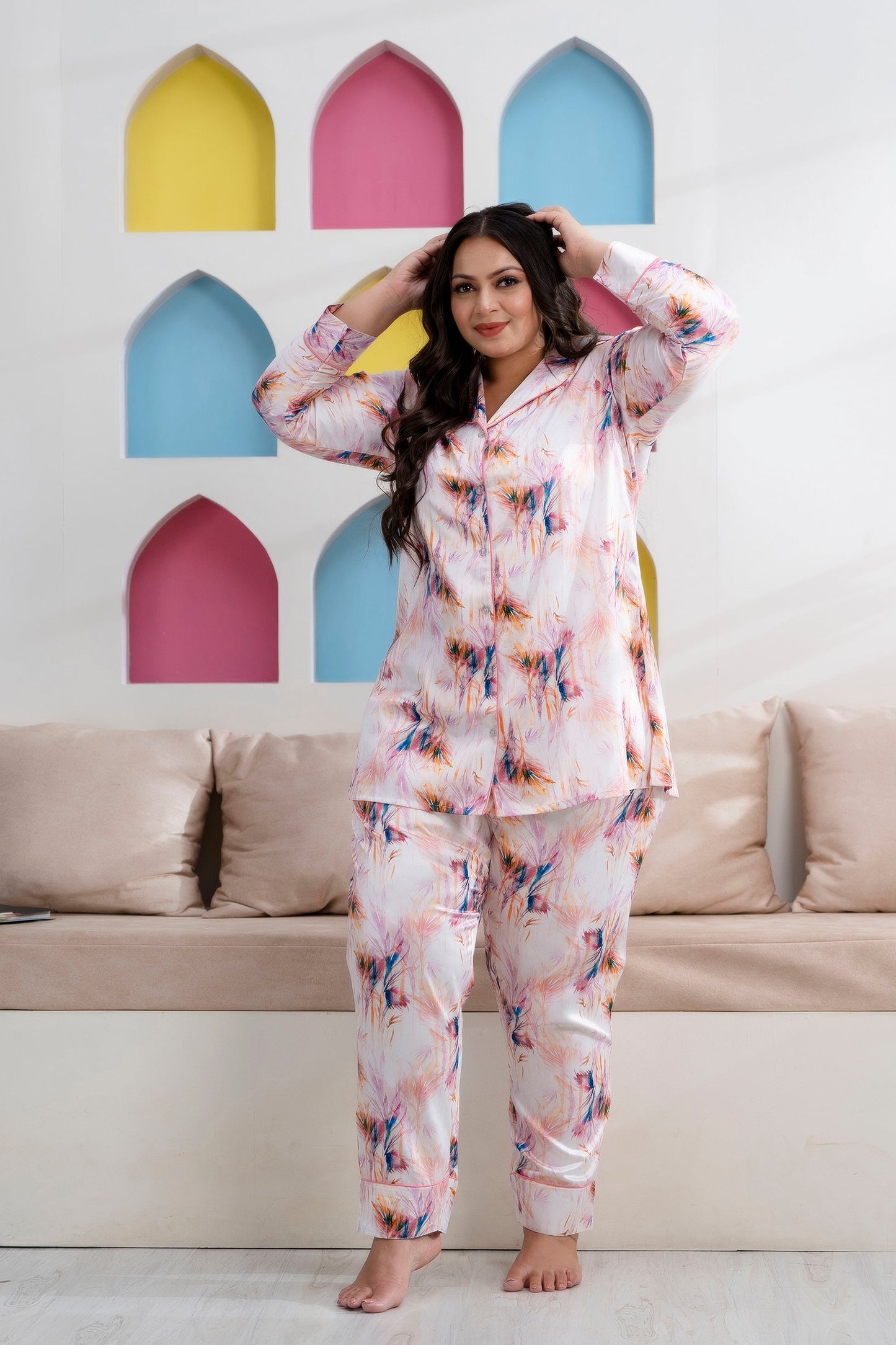 Light Pink Printed Night Suit Shirt & Pajama Set