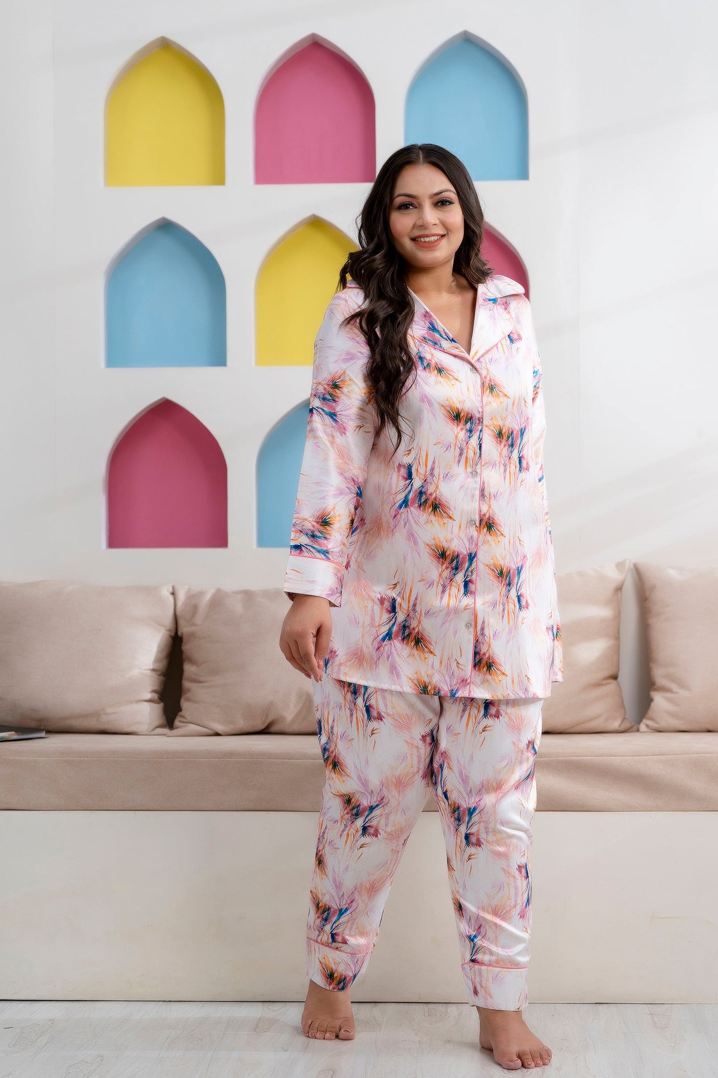 Light Pink Printed Night Suit Shirt & Pajama Set