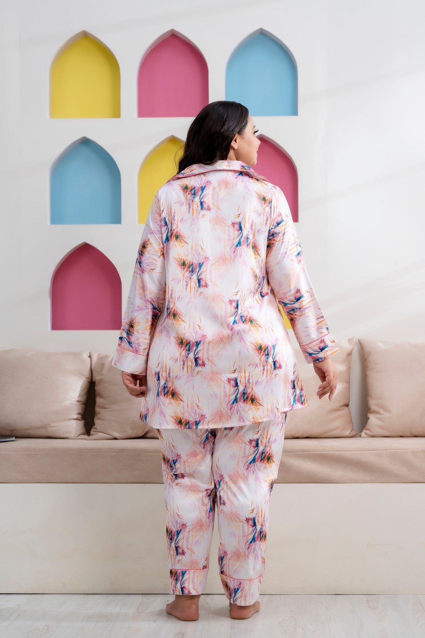 Light Pink Printed Night Suit Shirt & Pajama Set