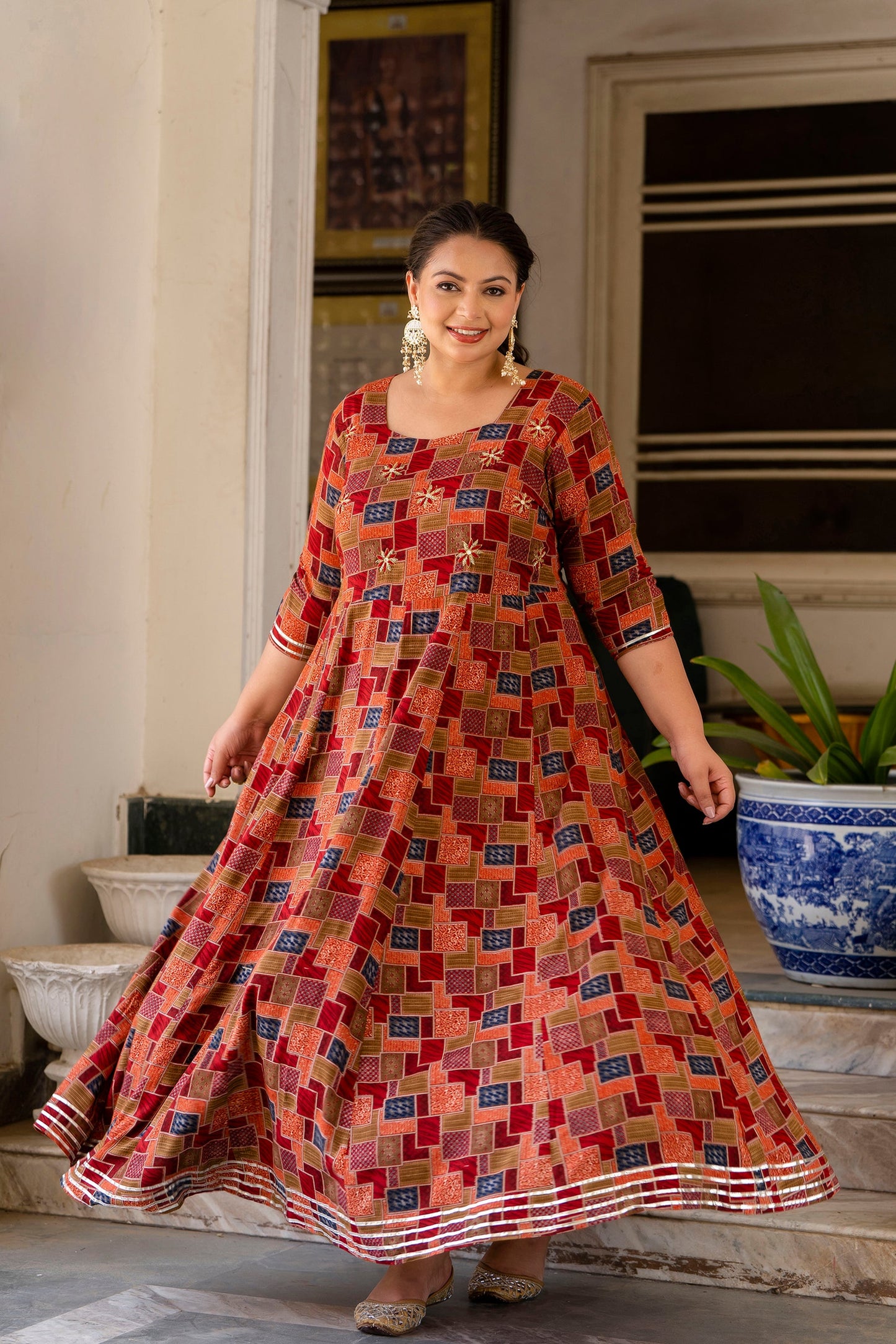 Maroon Traditional Anarkali Kurti with Handwork