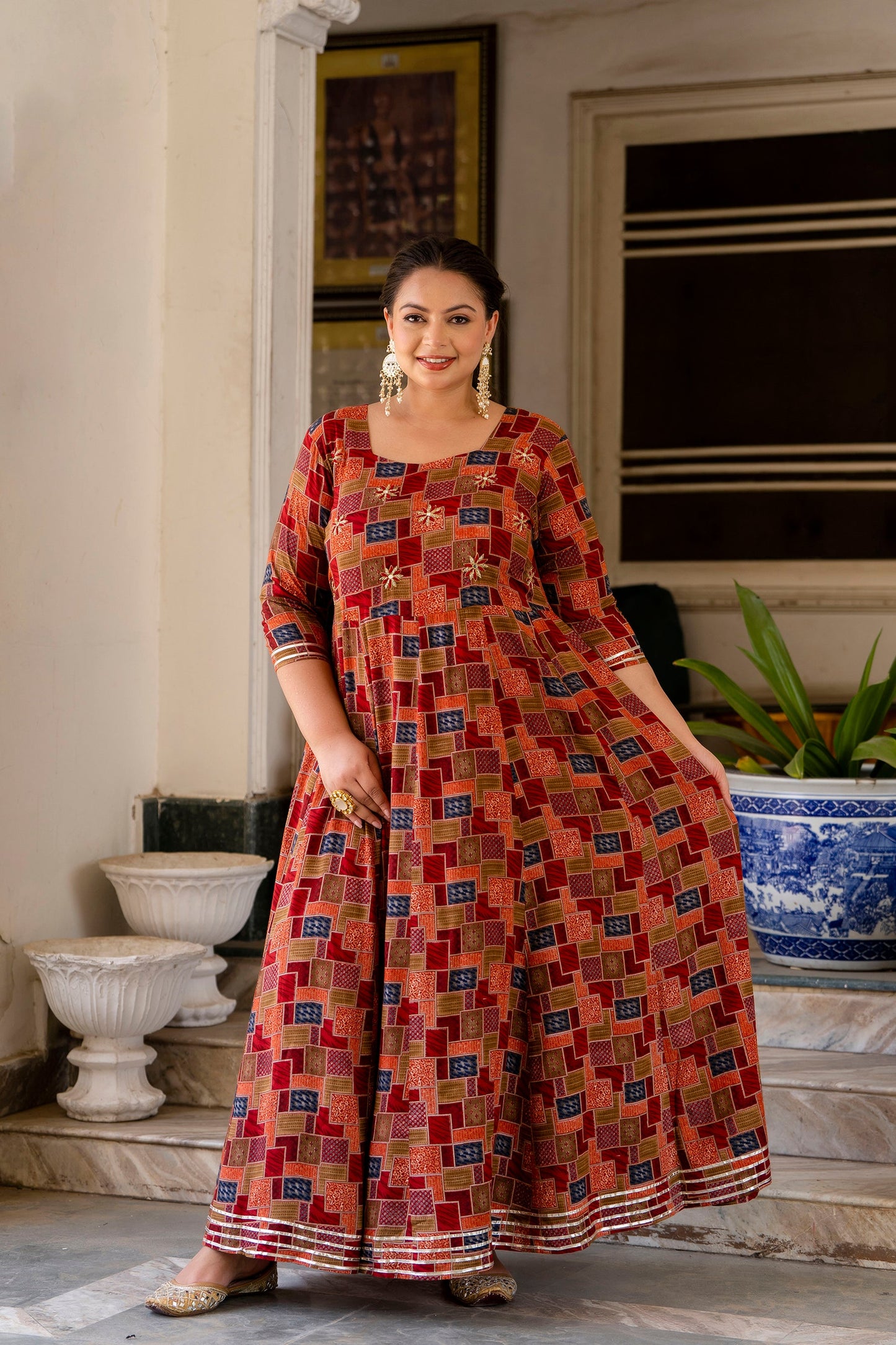 Maroon Traditional Anarkali Kurti with Handwork