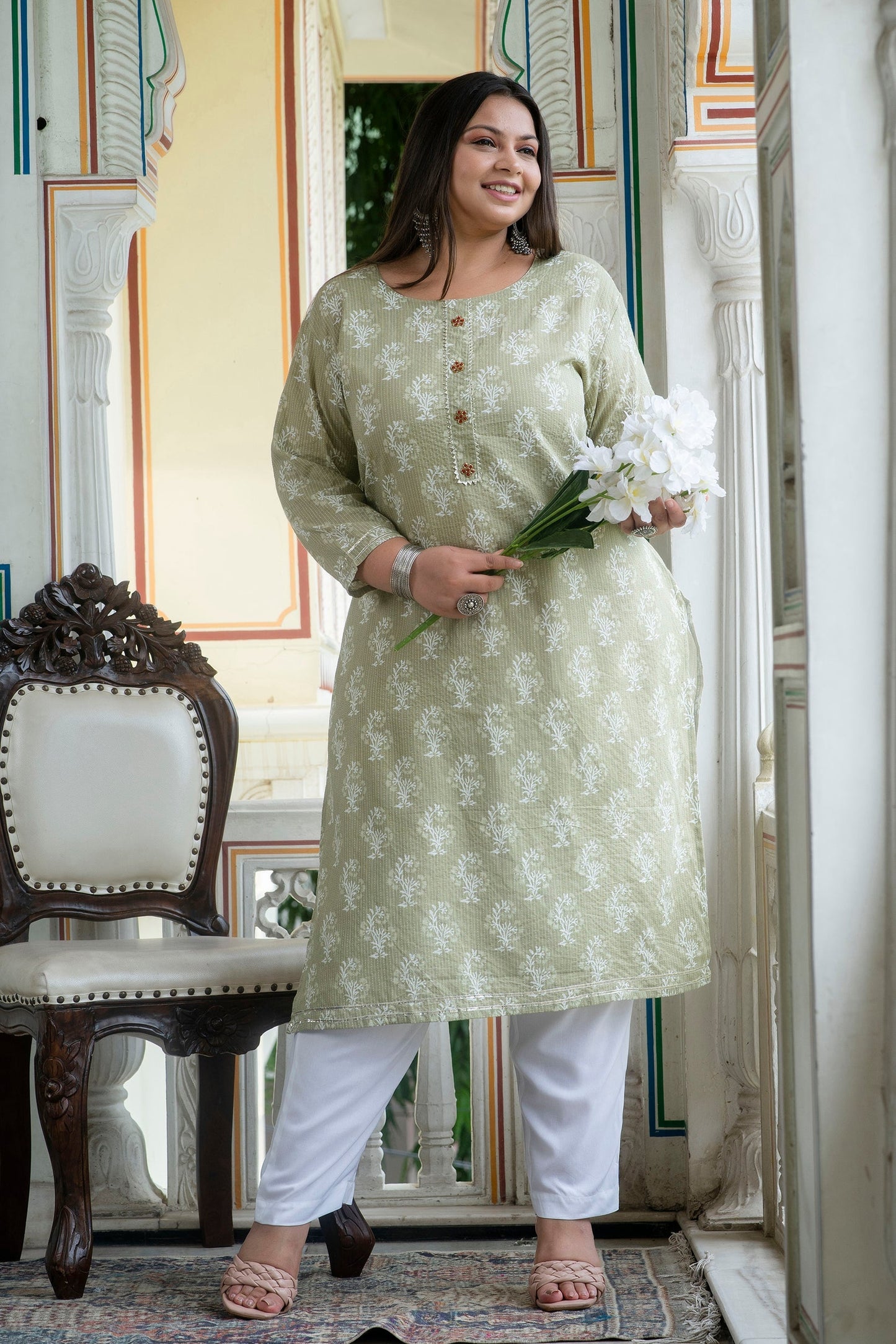 Light Khaki Pure Cotton Kurti Pant Set