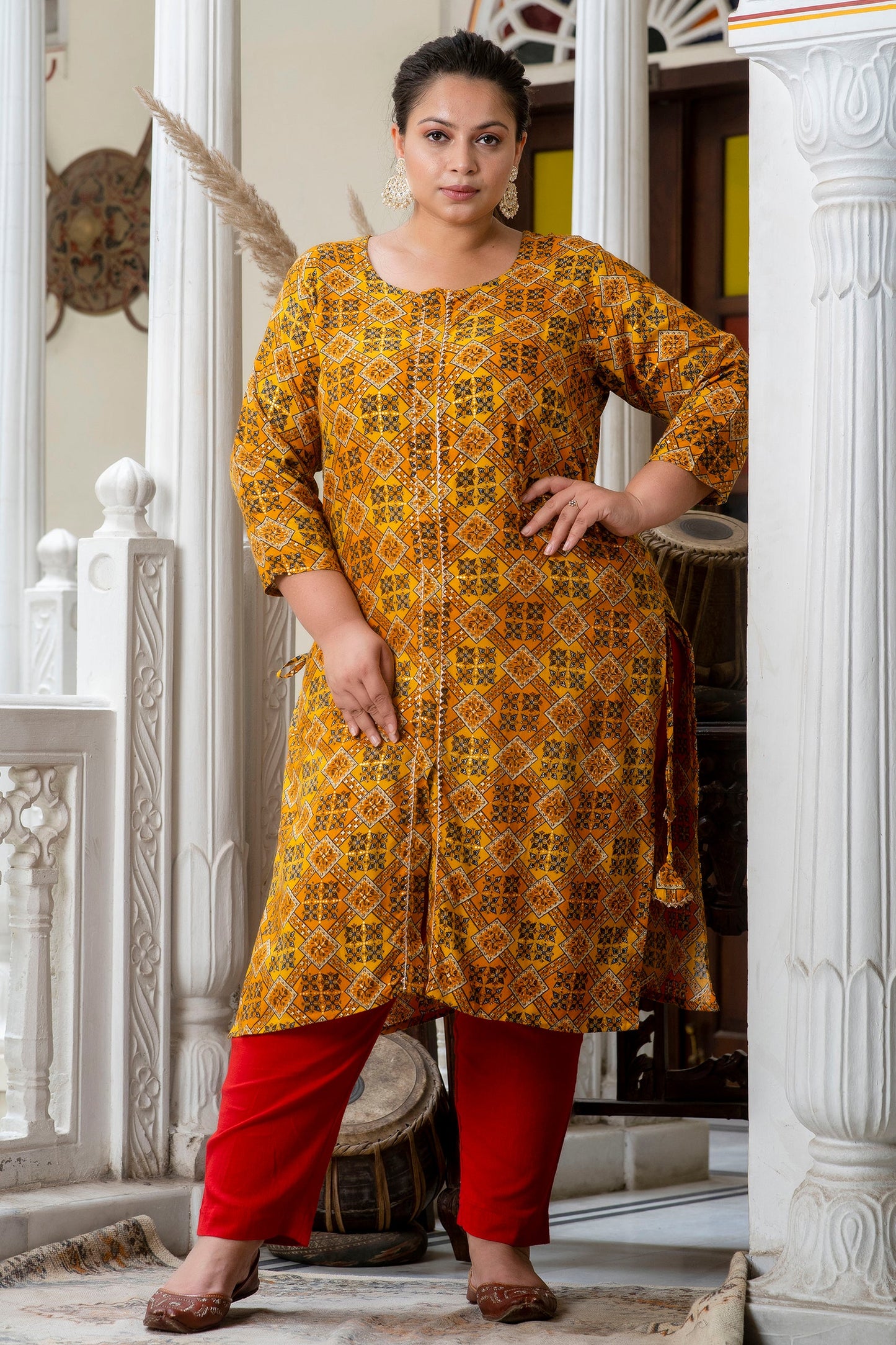 Yellow Printed Front Slit Straight Kurti