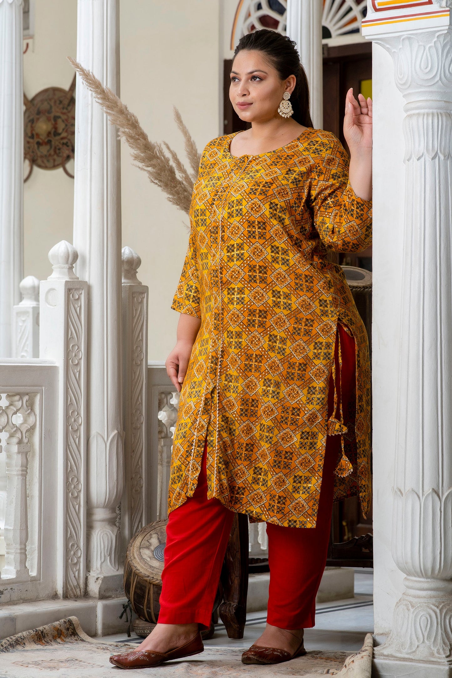 Yellow Printed Front Slit Straight Kurti