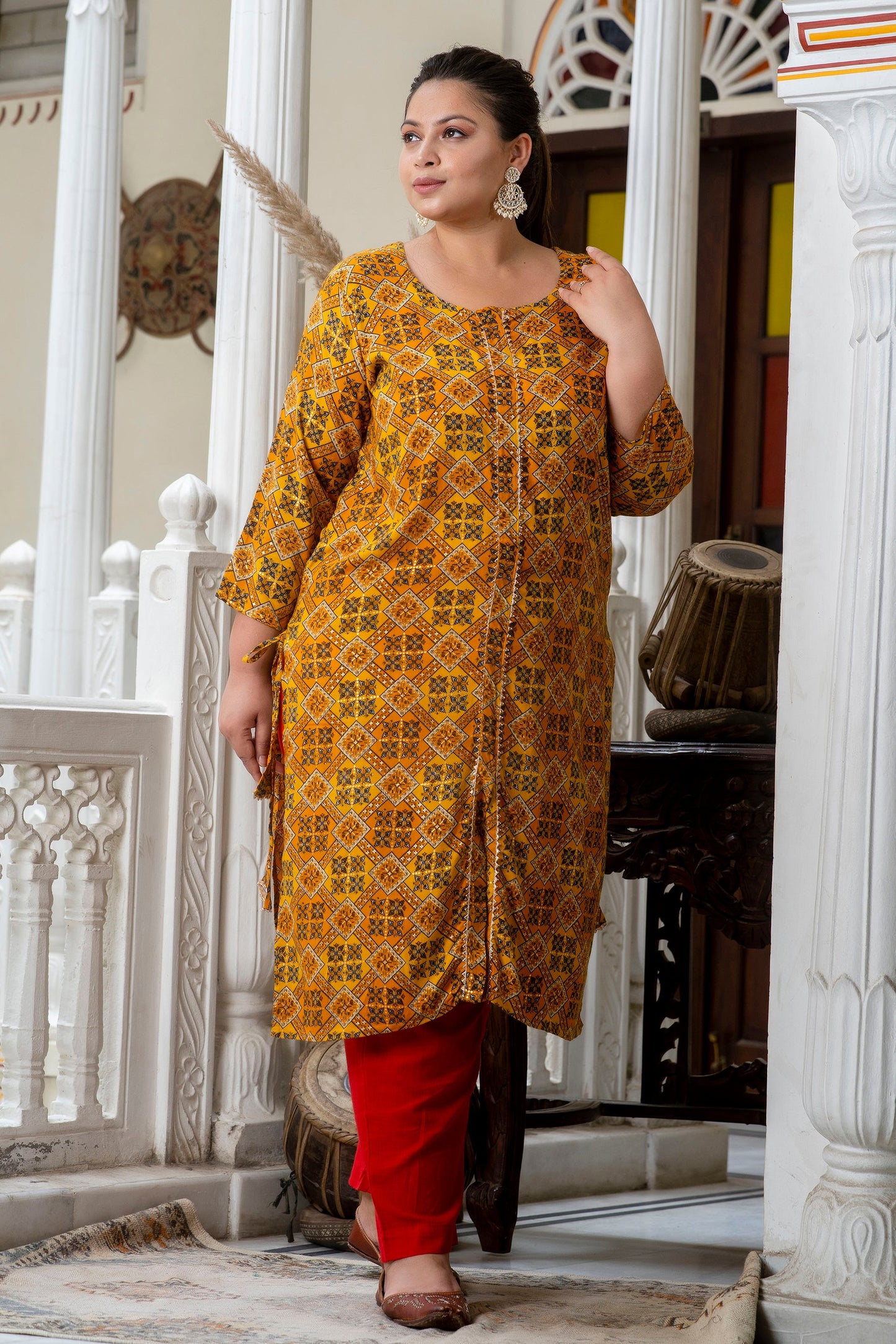 Yellow Printed Front Slit Straight Kurti