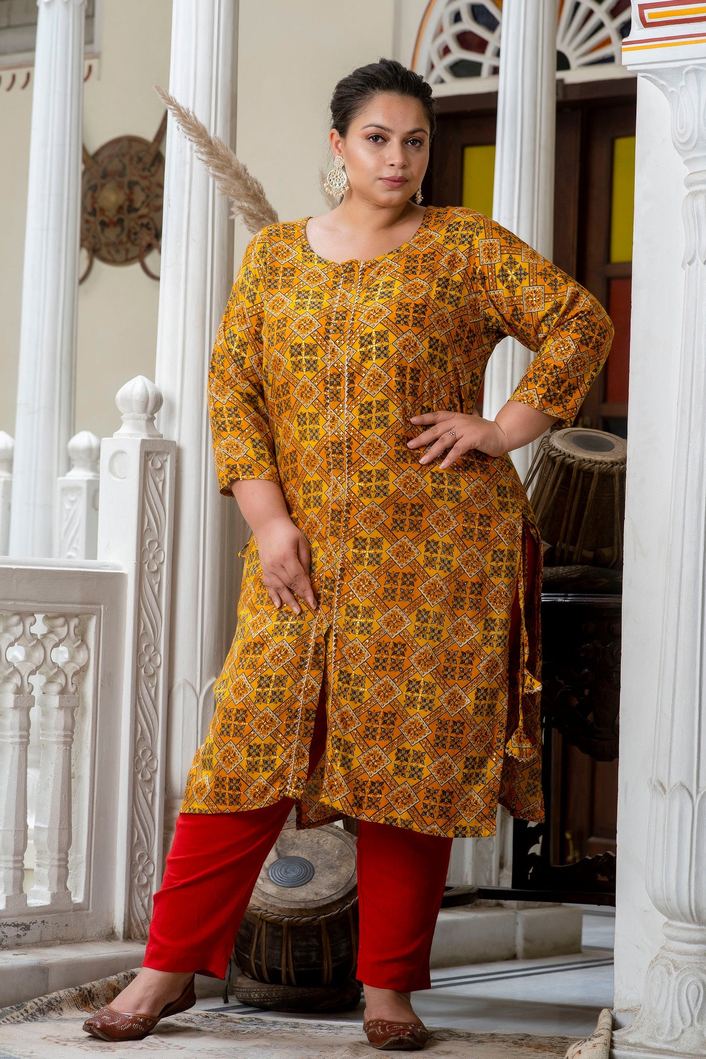 Yellow Printed Front Slit Straight Kurti