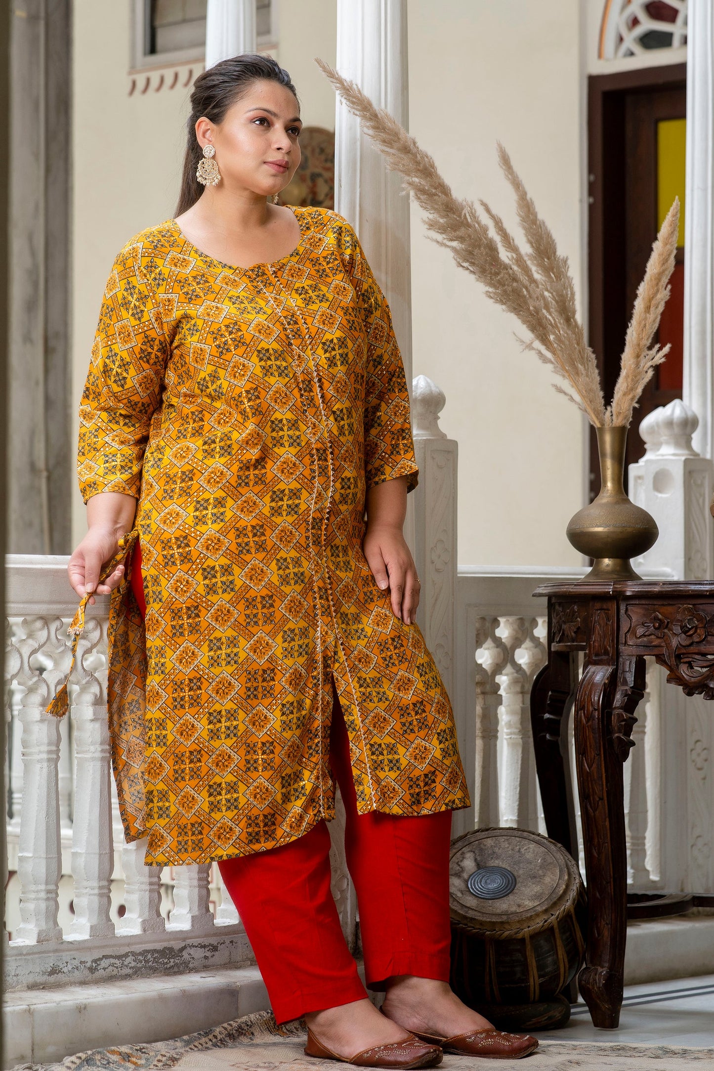 Yellow Printed Front Slit Straight Kurti