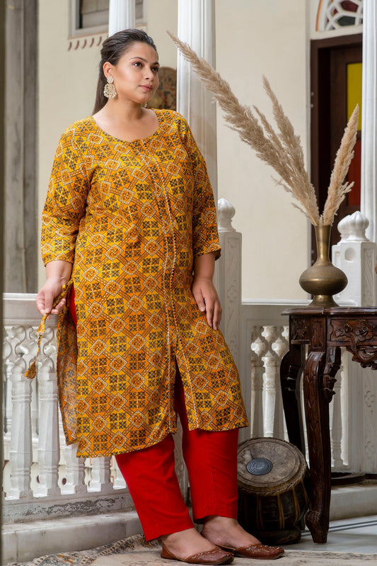 Yellow Printed Front Slit Kurta Pant Set