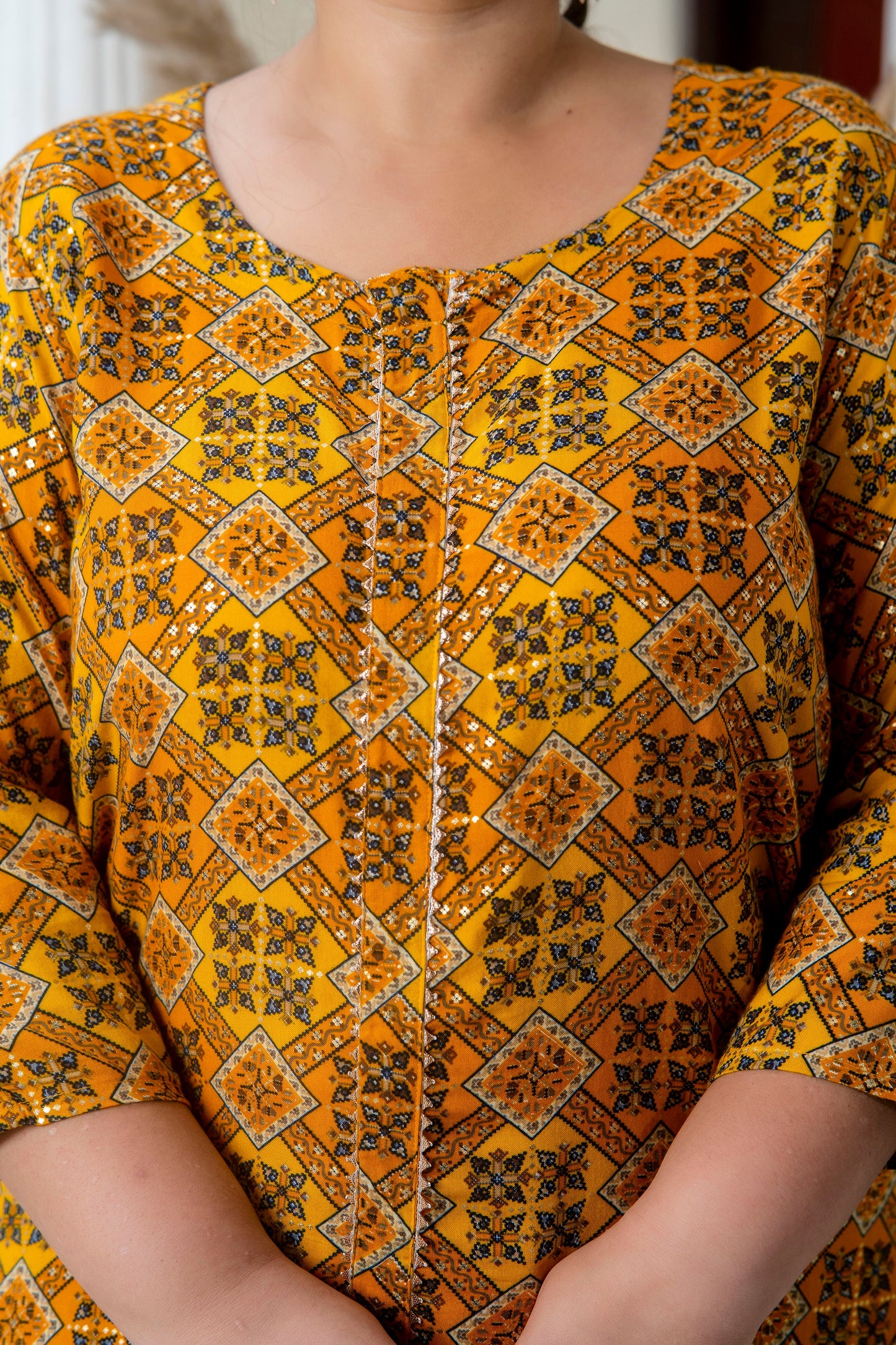 Yellow Printed Front Slit Straight Kurti