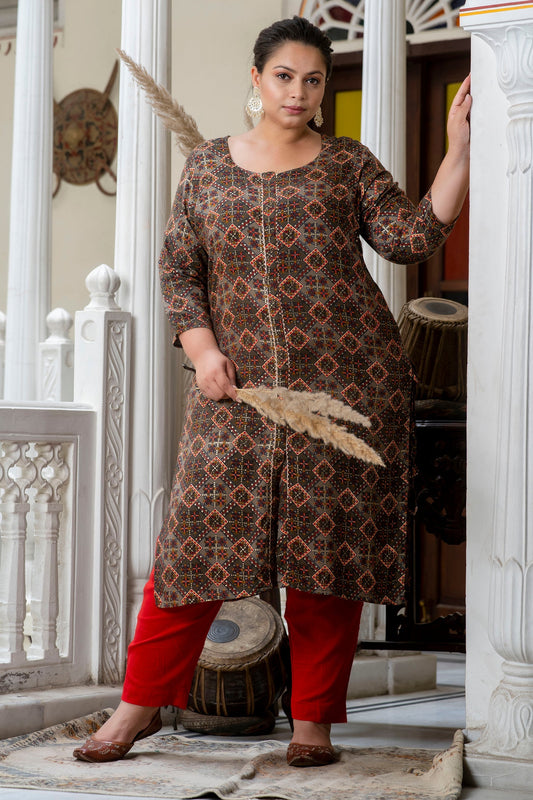 Brown Printed Front Slit Kurta Pant Set